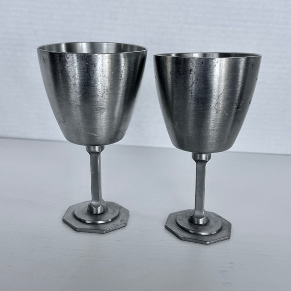 Vintage Aitkens Pewter Wine Glasses Goblets 2 Octagon Bases Matte Artisan Rustic - Picture 3 of 14